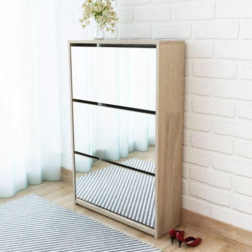  Shoe cabinet with 3 compartments mirror oak look 63x17x102,5 cm