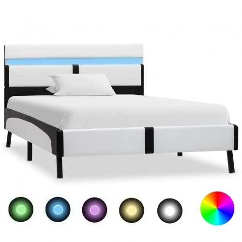 Bed frame with LED white and black imitation leather 90 × 200 cm